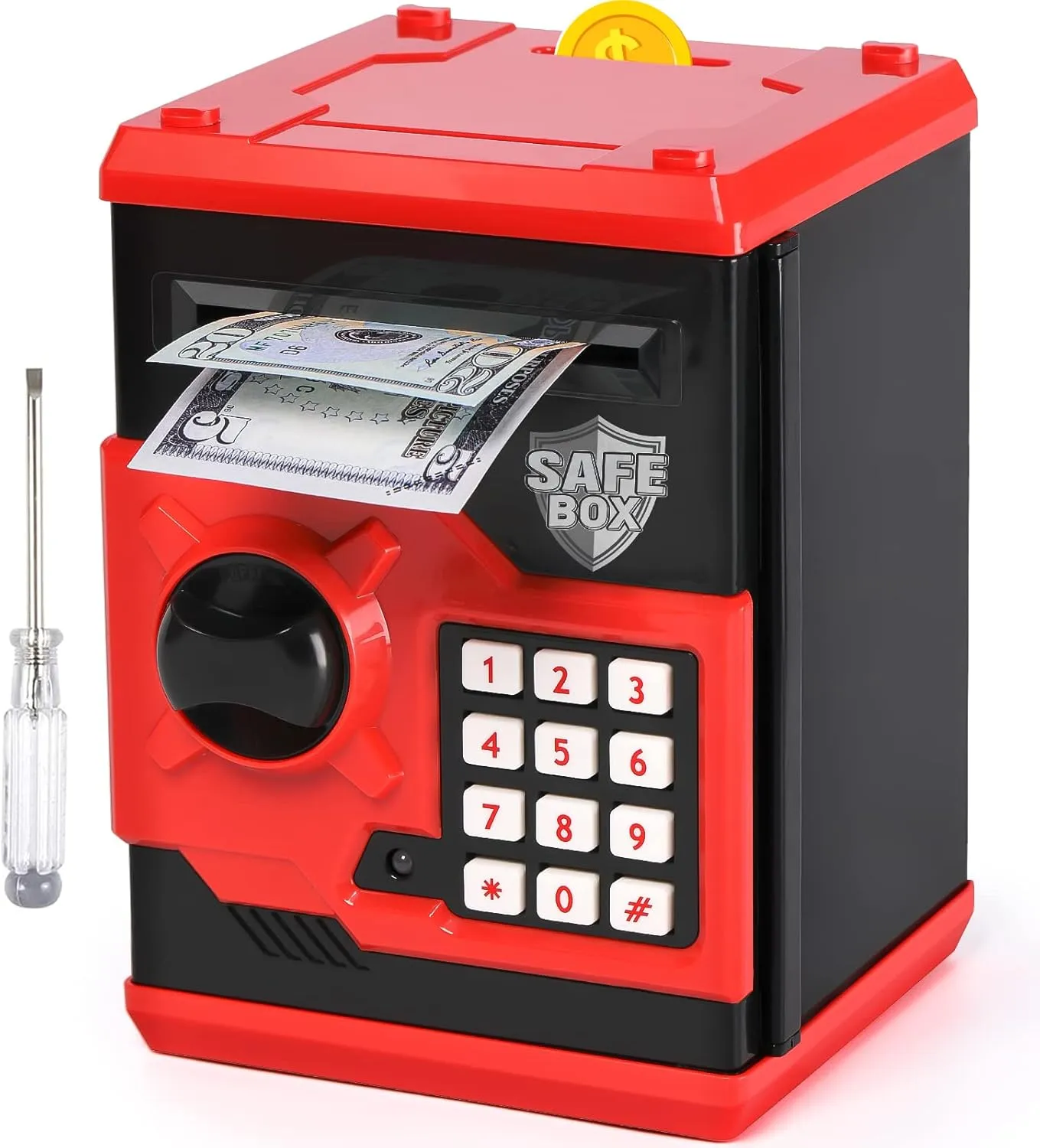 ATM Piggy Bank for Boys Girls, Vcertcpl Mini ATM Coin Bank Money Saving Box with Password, Kids Safe Money Jar for Adults with Auto Grab Bill Slot, Great Gift Toy Bank for Kids (Red Black)