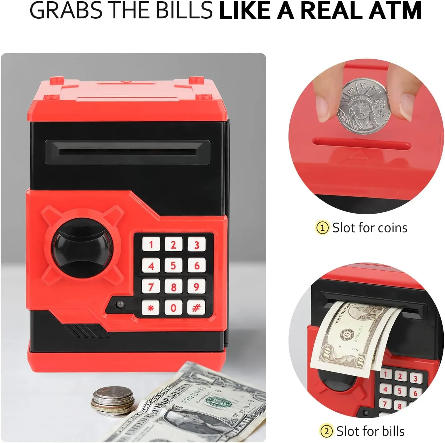 ATM Piggy Bank for Boys Girls, Vcertcpl Mini ATM Coin Bank Money Saving Box with Password, Kids Safe Money Jar for Adults with Auto Grab Bill Slot, Great Gift Toy Bank for Kids (Red Black)