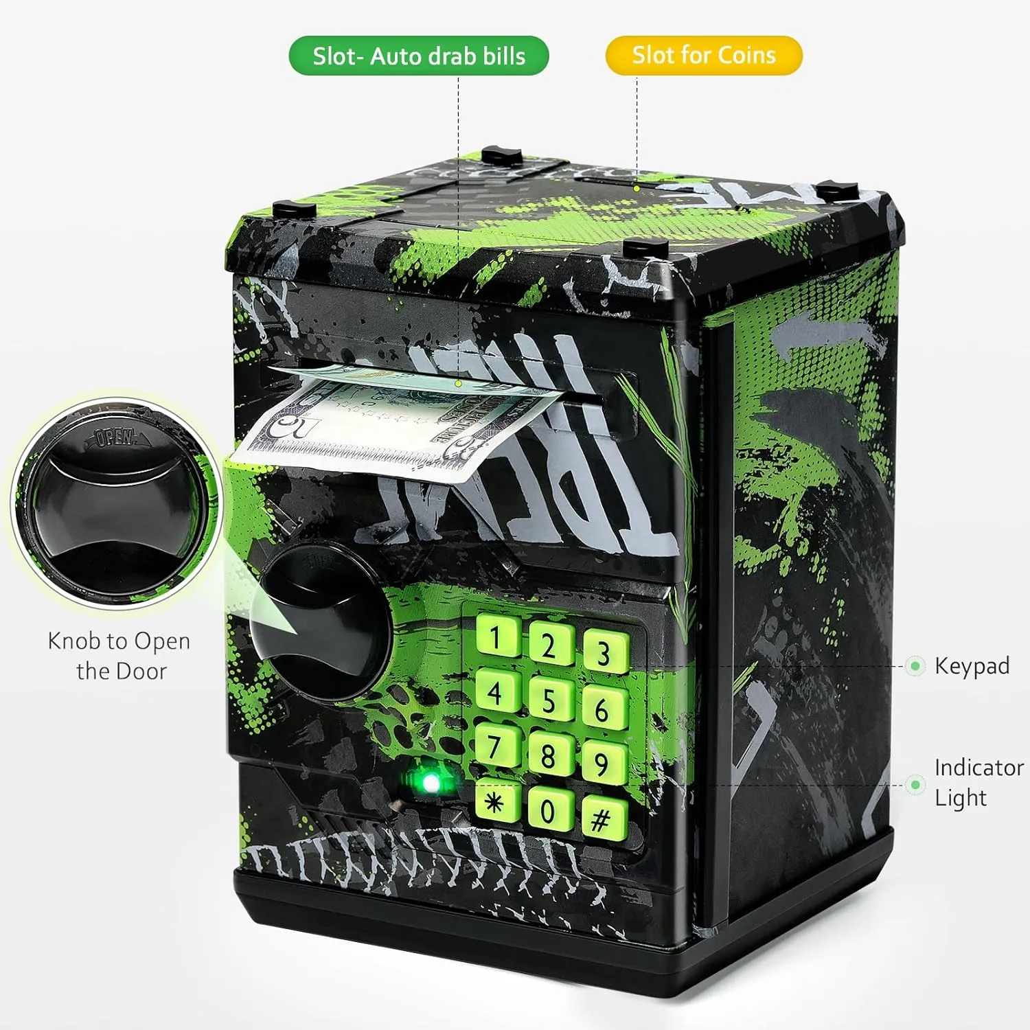 ATM Piggy Bank for Boys Girls, Vcertcpl Mini ATM Coin Bank Money Saving Box with Password, Kids Safe Money Jar for Adults with Auto Grab Bill Slot, Great Gift Toy Bank for Kids