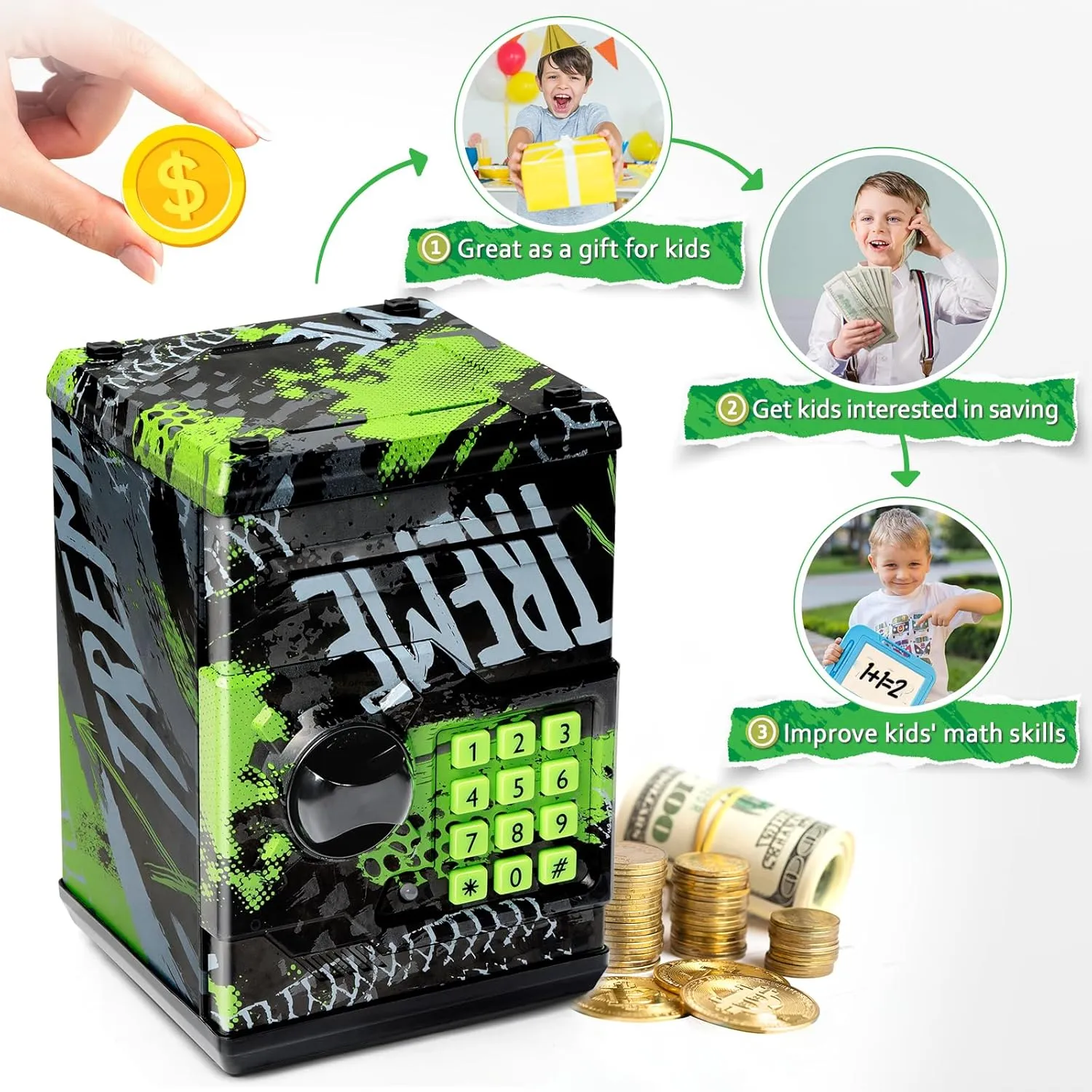 ATM Piggy Bank for Boys Girls, Vcertcpl Mini ATM Coin Bank Money Saving Box with Password, Kids Safe Money Jar for Adults with Auto Grab Bill Slot, Great Gift Toy Bank for Kids