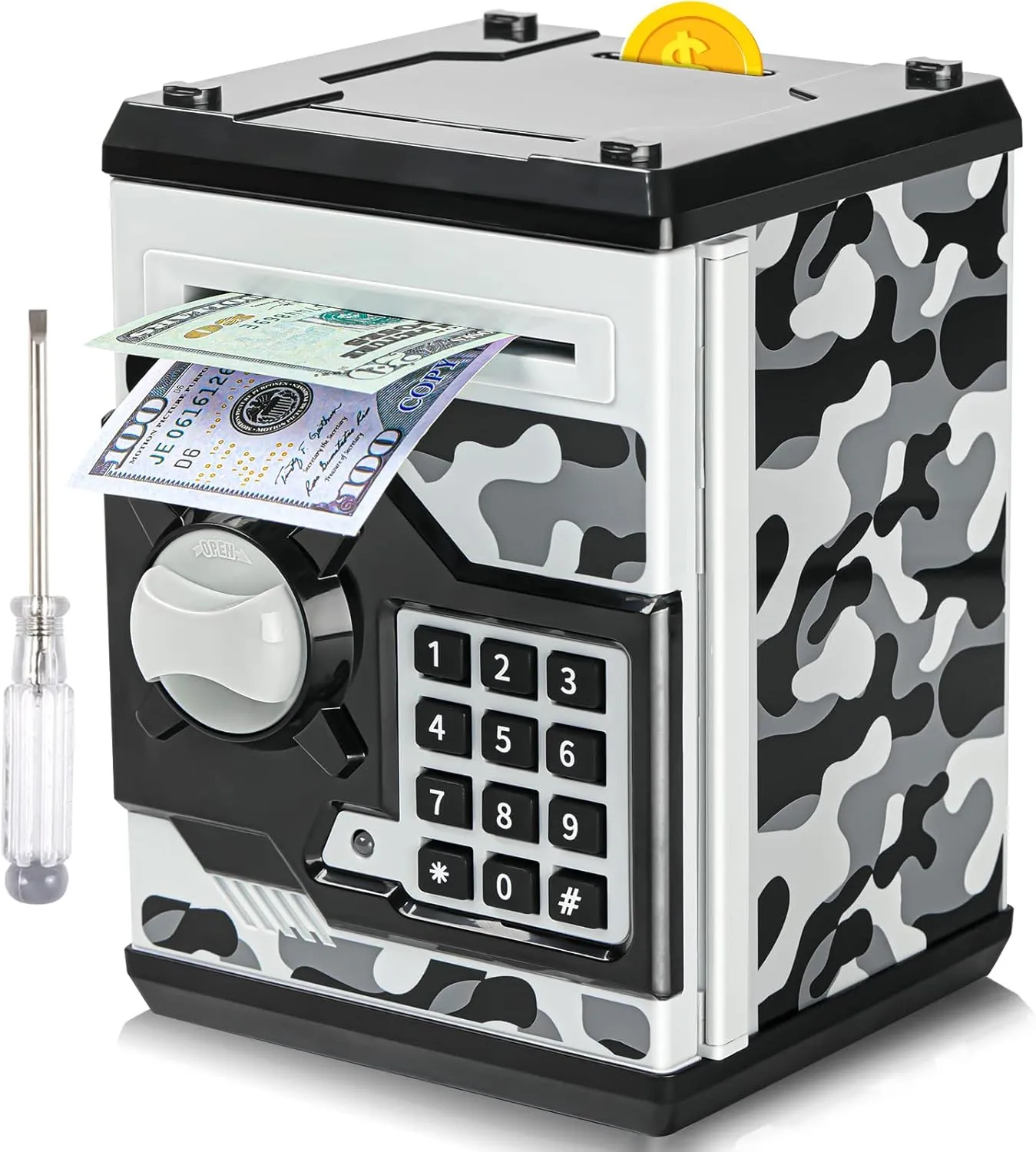ATM Piggy Bank for Boys Girls, Vcertcpl Mini ATM Coin Bank Money Saving Box with Password, Kids Safe Money Jar for Adults with Auto Grab Bill Slot, Great Gift Toy Bank for Kids(Camouflage Gray)
