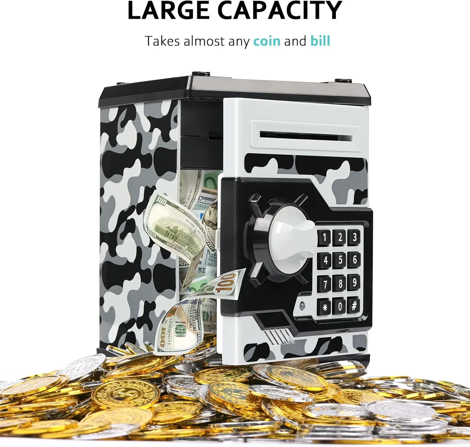 ATM Piggy Bank for Boys Girls, Vcertcpl Mini ATM Coin Bank Money Saving Box with Password, Kids Safe Money Jar for Adults with Auto Grab Bill Slot, Great Gift Toy Bank for Kids(Camouflage Gray)