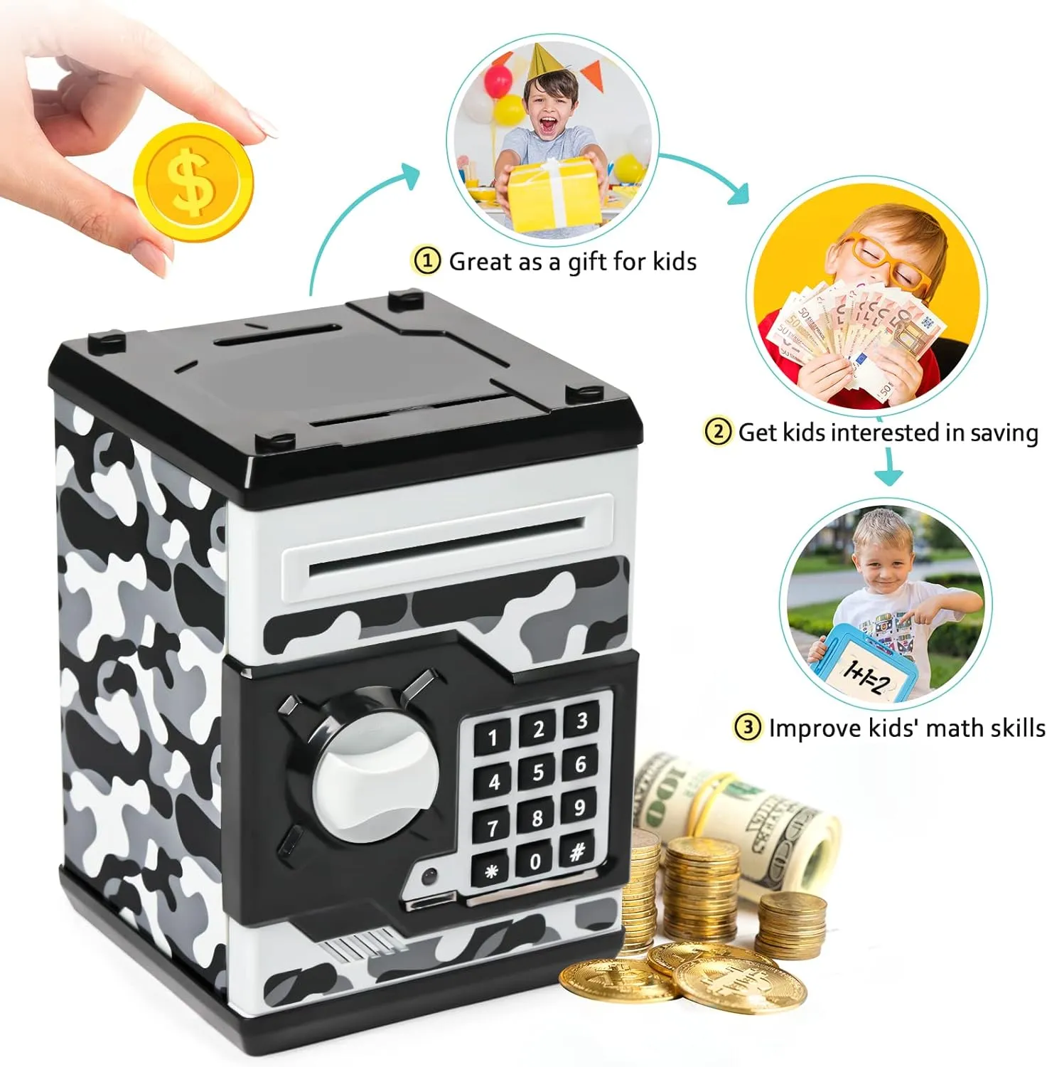 ATM Piggy Bank for Boys Girls, Vcertcpl Mini ATM Coin Bank Money Saving Box with Password, Kids Safe Money Jar for Adults with Auto Grab Bill Slot, Great Gift Toy Bank for Kids(Camouflage Gray)
