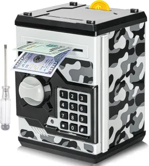 ATM Piggy Bank for Boys Girls, Vcertcpl Mini ATM Coin Bank Money Saving Box with Password, Kids Safe Money Jar for Adults with Auto Grab Bill Slot, Great Gift Toy Bank for Kids(Camouflage Gray)
