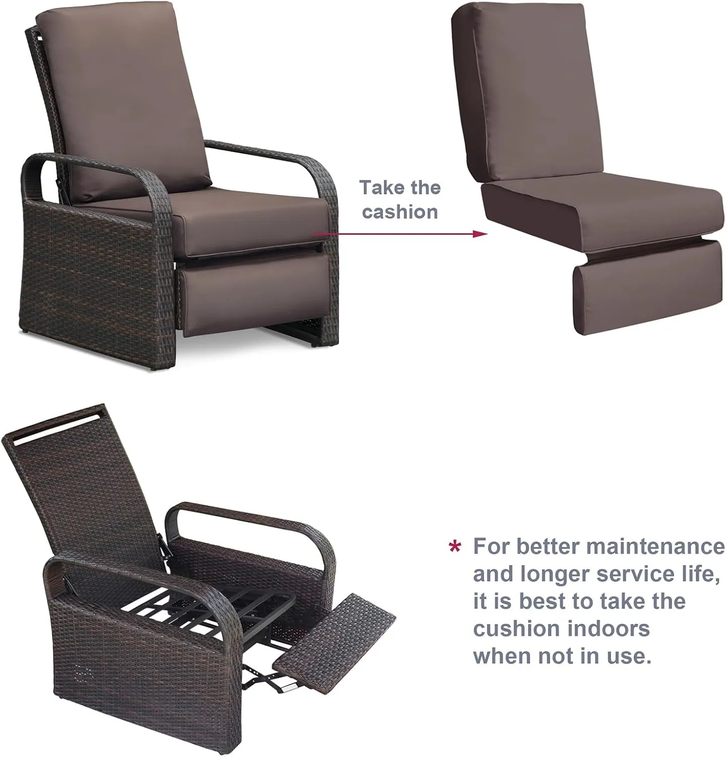 ATR ART TO REAL Indoor Outdoor Recliner Replacement Cushion, Patio Furniture Chair Sofa Washable Cushion Deep Seat, Reclining Chairs Cushions, UV Protected, Water Spill Repellet (Dark Brown)