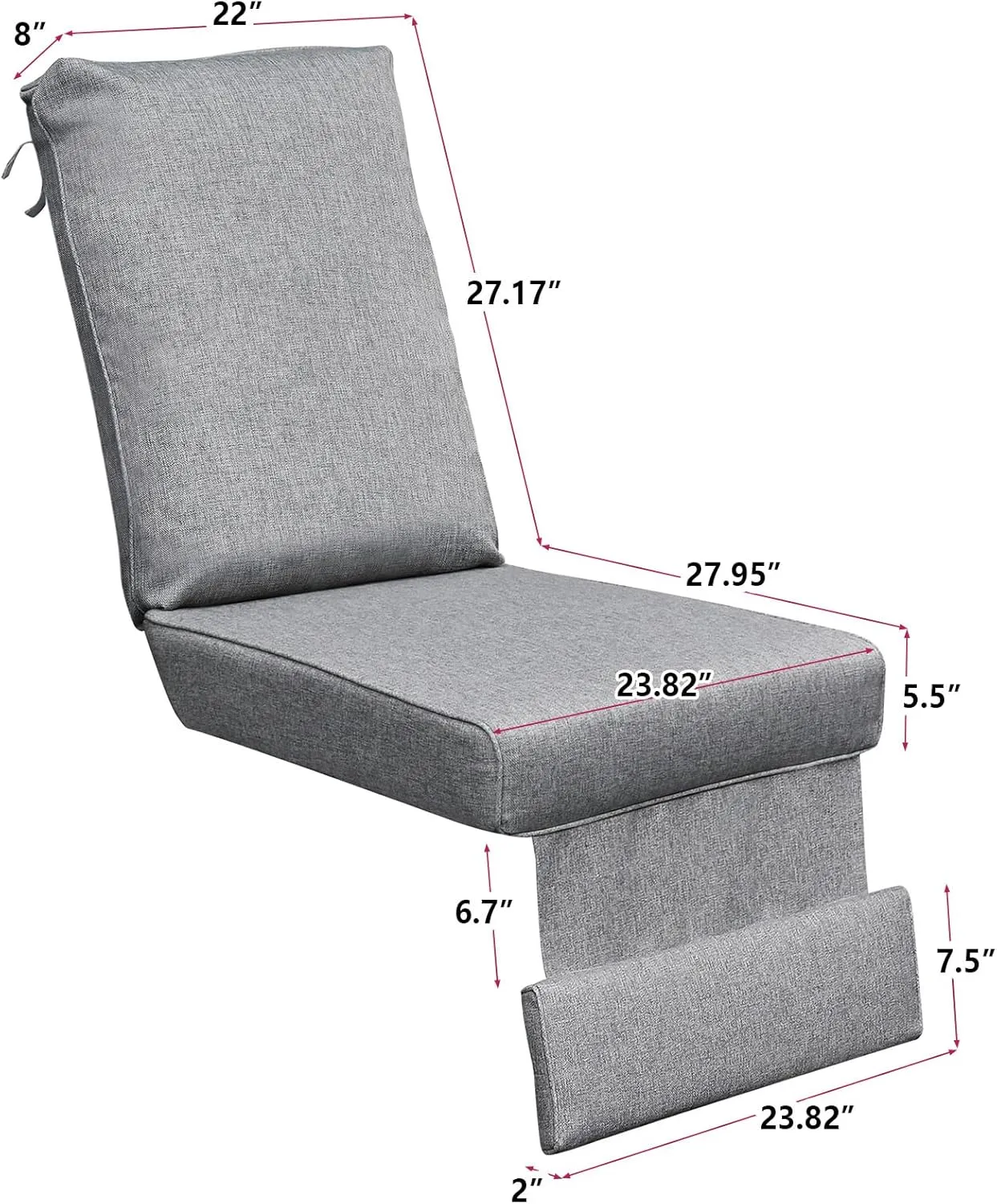 ATR ART TO REAL Indoor Outdoor Recliner Replacement Cushion, Patio Furniture Chair Sofa Washable Cushion Deep Seat, UV Protected, Fade Protected and Water Spill Repellet, Cover Can be Replaced (Grey)