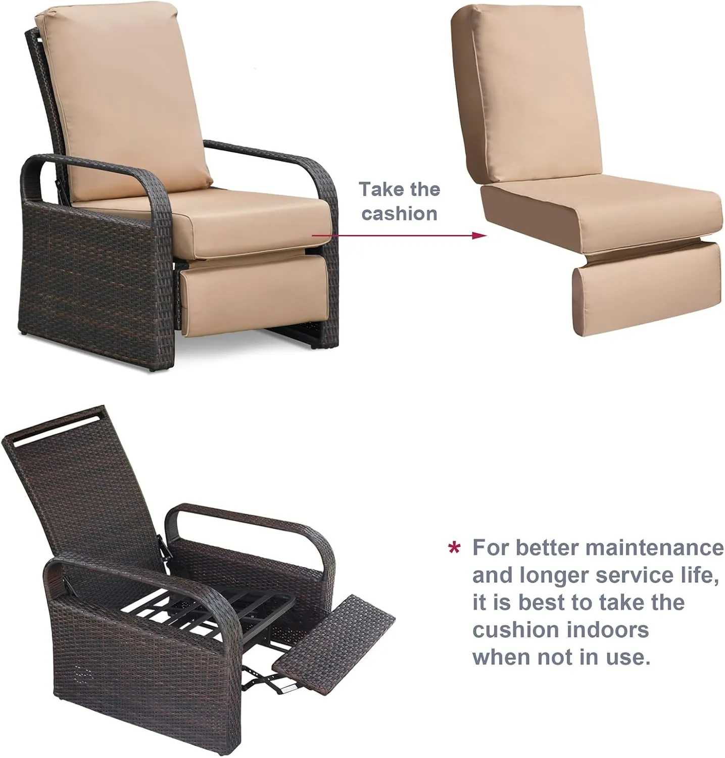 ATR ART TO REAL Indoor Outdoor Recliner Replacement Cushion, Patio Furniture Chair Sofa Washable Cushion Deep Seat, UV Protected, Fade Protected and Water Spill Repellet, Cover Can be Replaced (Sand)
