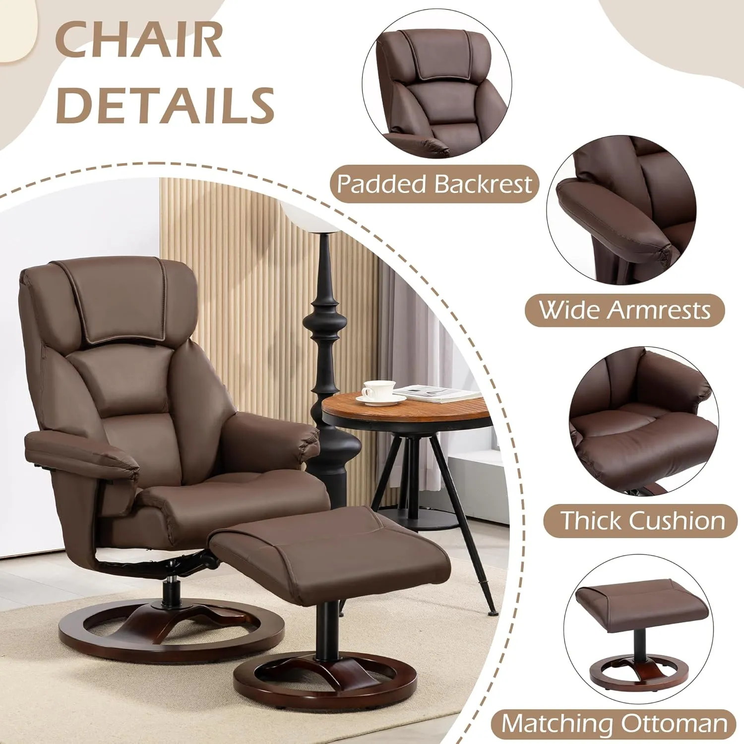 AVAWING Swivel Recliner Chair with Ottoman, Adjustable Faux Leather Lounge Chair, Reclining Chair and Ottoman with Wood Base for Living Room & Bedroom, Brown