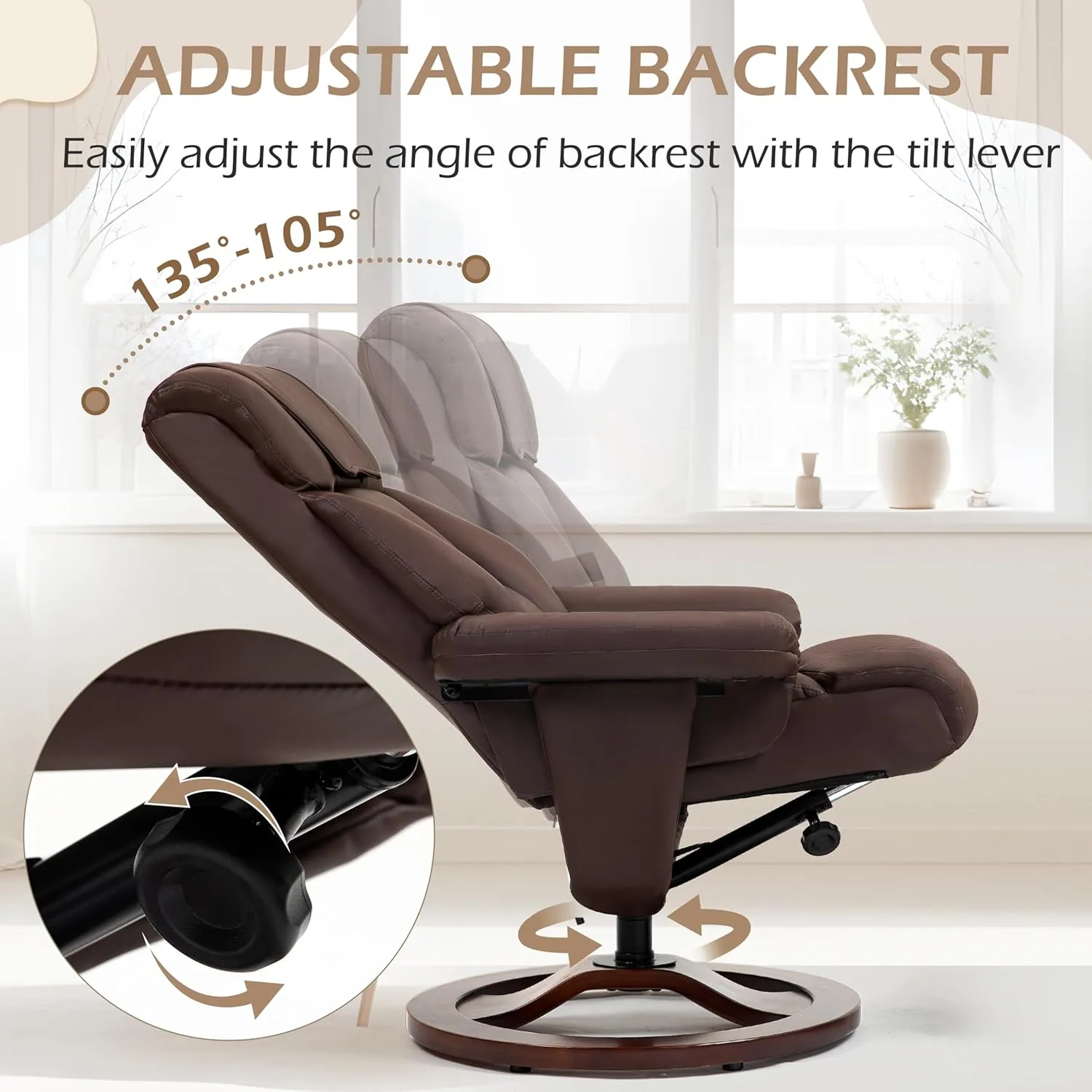 AVAWING Swivel Recliner Chair with Ottoman, Adjustable Faux Leather Lounge Chair, Reclining Chair and Ottoman with Wood Base for Living Room & Bedroom, Brown