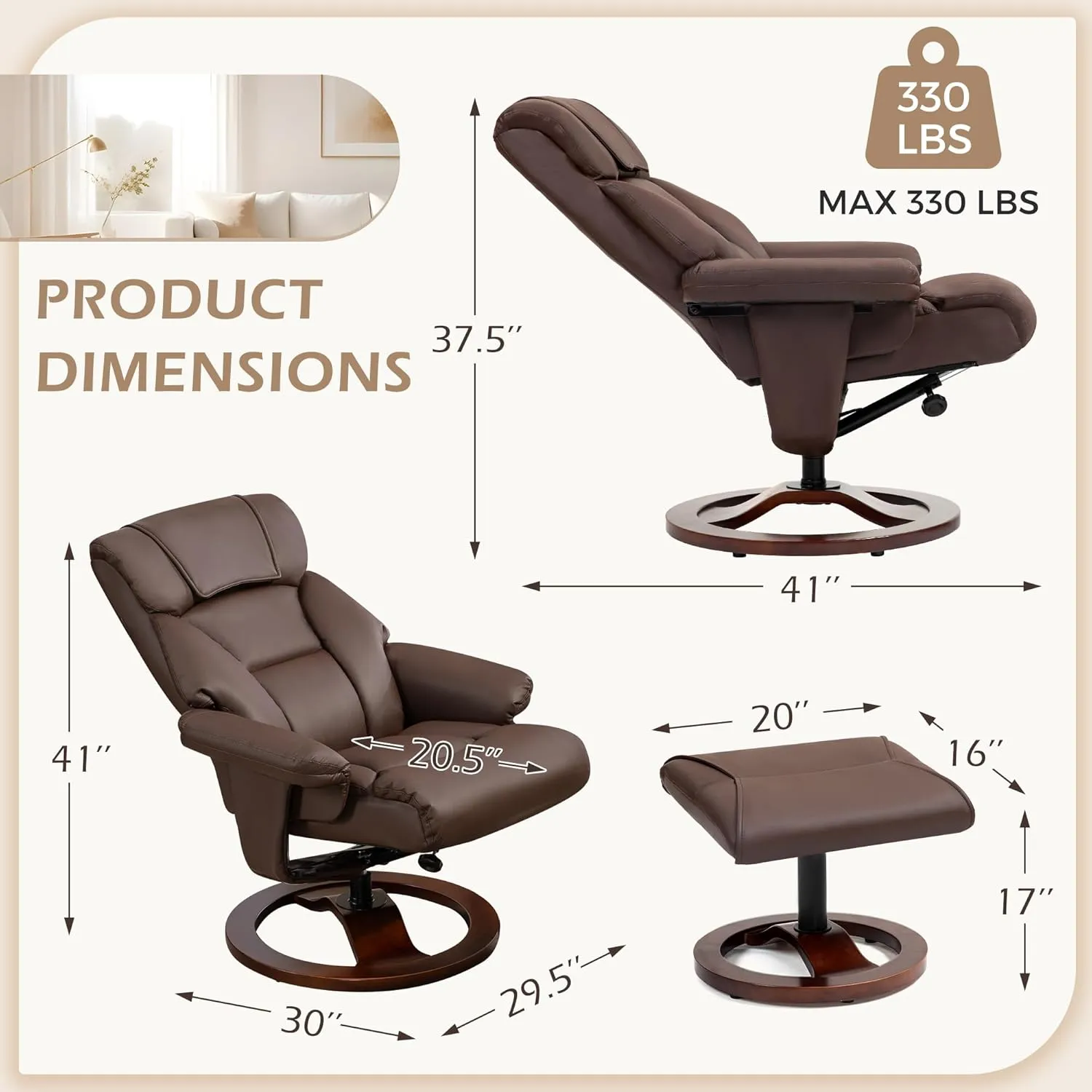 AVAWING Swivel Recliner Chair with Ottoman, Adjustable Faux Leather Lounge Chair, Reclining Chair and Ottoman with Wood Base for Living Room & Bedroom, Brown