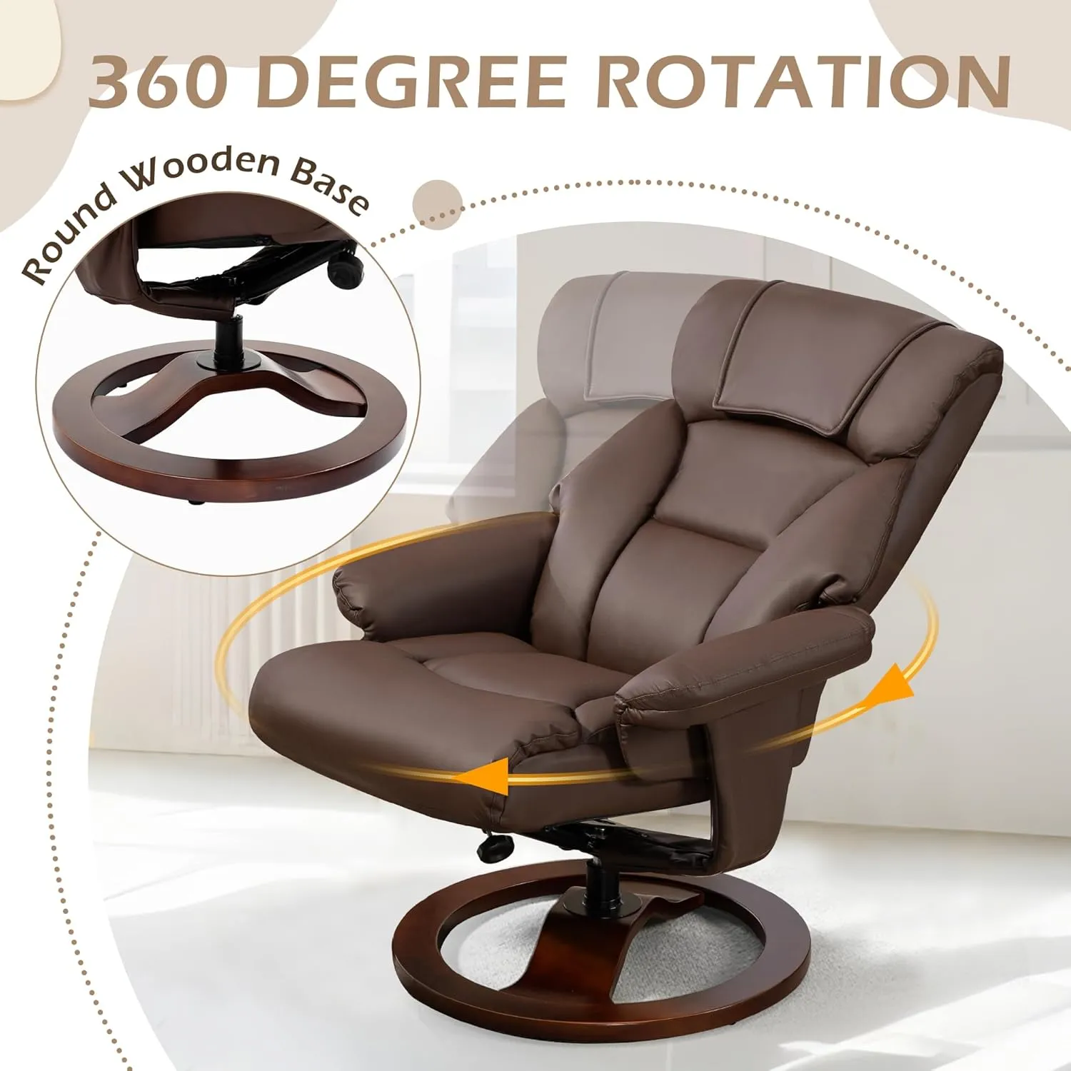 AVAWING Swivel Recliner Chair with Ottoman, Adjustable Faux Leather Lounge Chair, Reclining Chair and Ottoman with Wood Base for Living Room & Bedroom, Brown