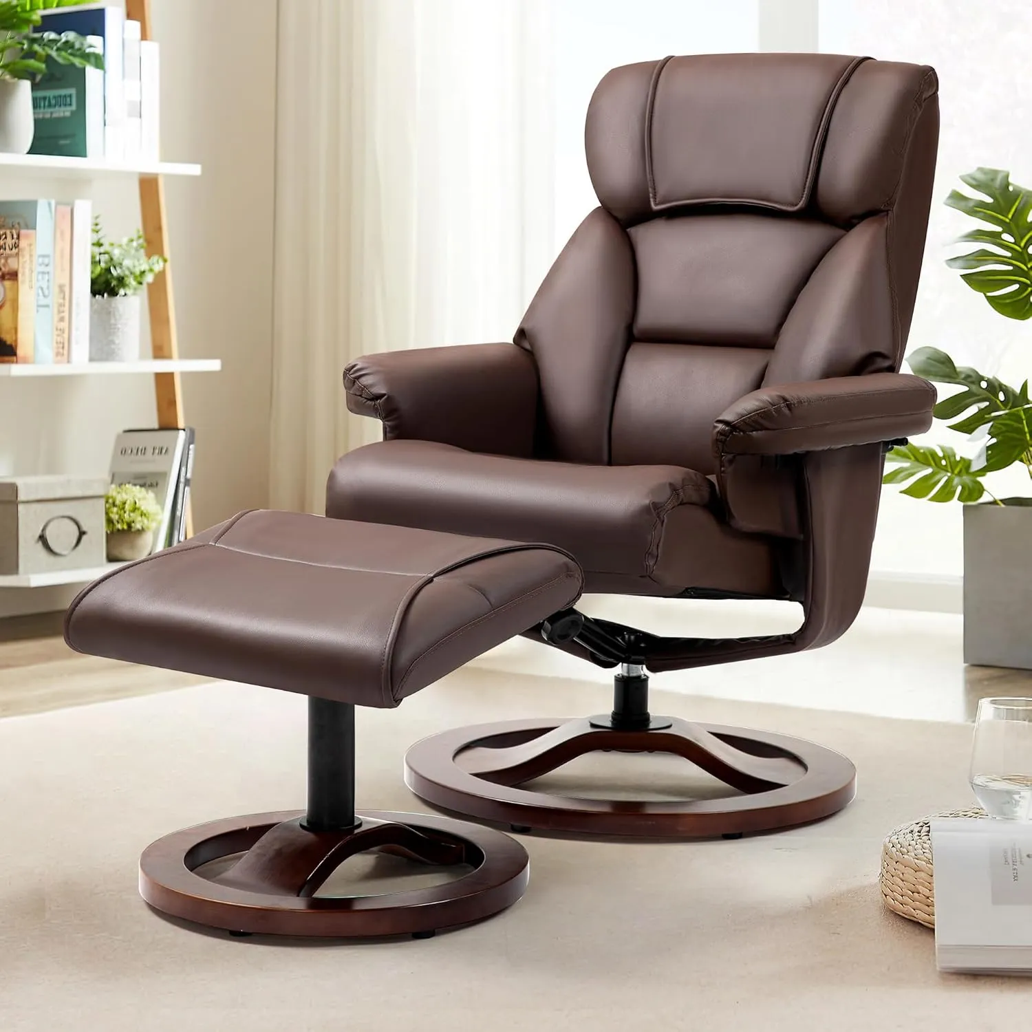 AVAWING Swivel Recliner Chair with Ottoman, Adjustable Faux Leather Lounge Chair, Reclining Chair and Ottoman with Wood Base for Living Room & Bedroom, Brown
