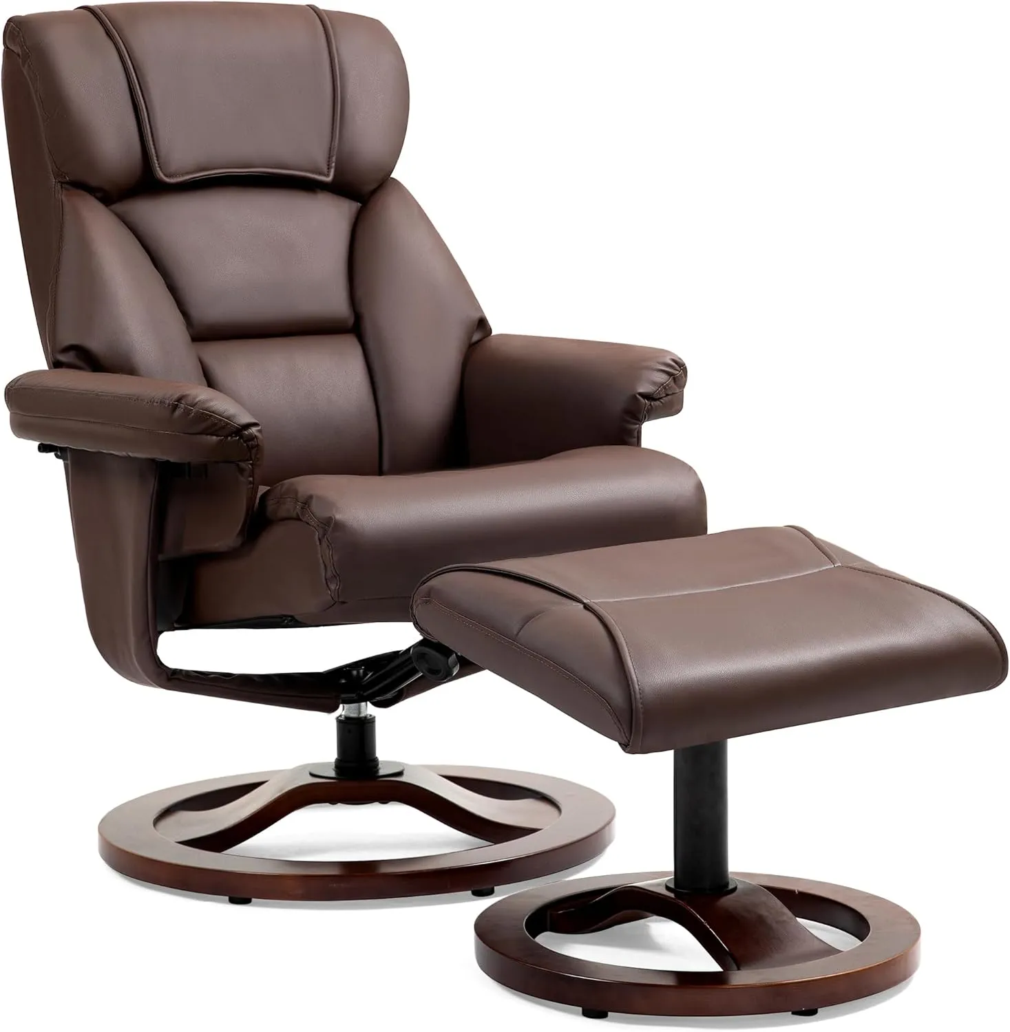 AVAWING Swivel Recliner Chair with Ottoman, Adjustable Faux Leather Lounge Chair, Reclining Chair and Ottoman with Wood Base for Living Room & Bedroom, Brown