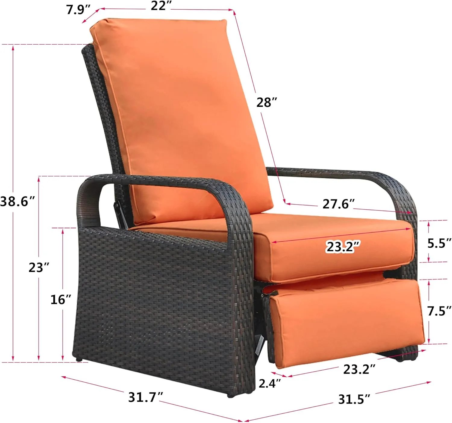Babylon Outdoor Recliner Wicker Patio Adjustable Recliner Chair with 5.5" Thick Cushions, Rust-Resistant Aluminum Frame,All-Weather Resin Rattan, Brown& Orange