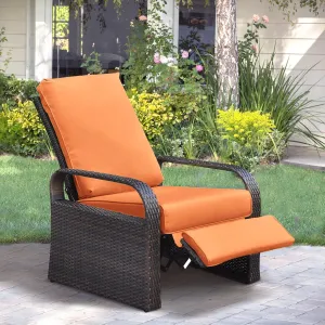 Babylon Outdoor Recliner Wicker Patio Adjustable Recliner Chair with 5.5" Thick Cushions, Rust-Resistant Aluminum Frame,All-Weather Resin Rattan, Brown& Orange