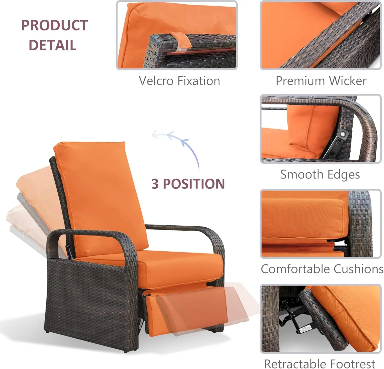 Babylon Outdoor Recliner Wicker Patio Adjustable Recliner Chair with 5.5" Thick Cushions, Rust-Resistant Aluminum Frame,All-Weather Resin Rattan, Brown& Orange