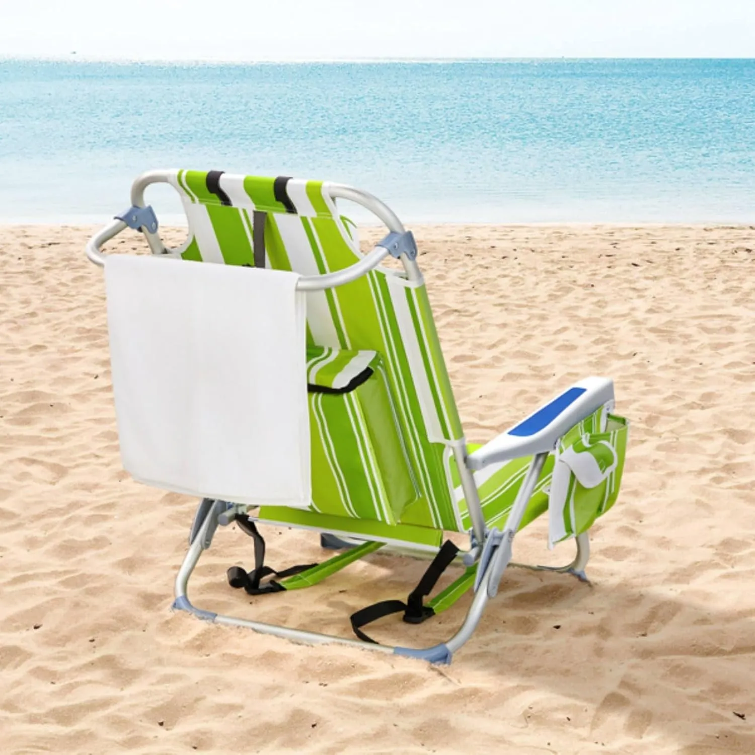 Backpack Beach Chair for Adults, 5-Position Portable Outdoor Reclining Camping Chair, Lightweight Folding Chairs with Headrest, Cup Holders, Cooler Bag, Towel Bar, Shoulder Strap (Green Stripe)