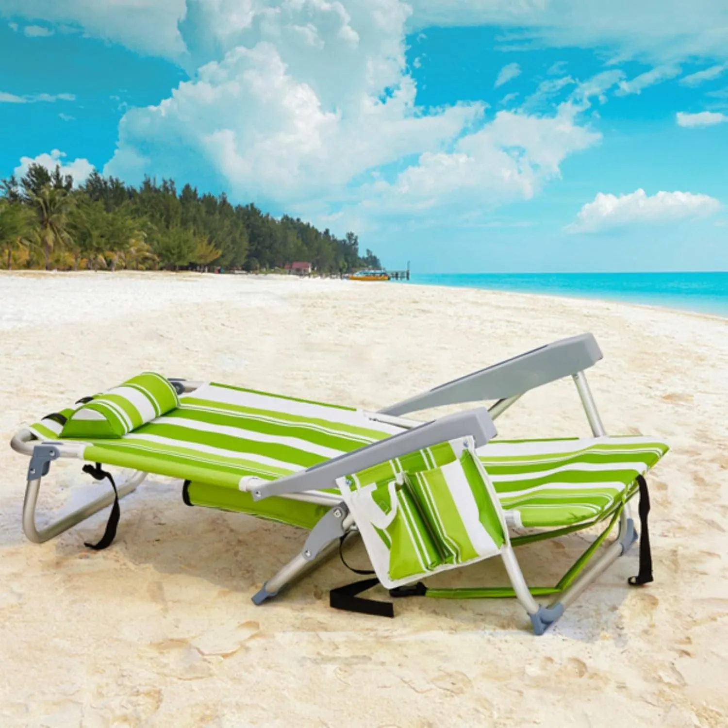 Backpack Beach Chair for Adults, 5-Position Portable Outdoor Reclining Camping Chair, Lightweight Folding Chairs with Headrest, Cup Holders, Cooler Bag, Towel Bar, Shoulder Strap (Green Stripe)