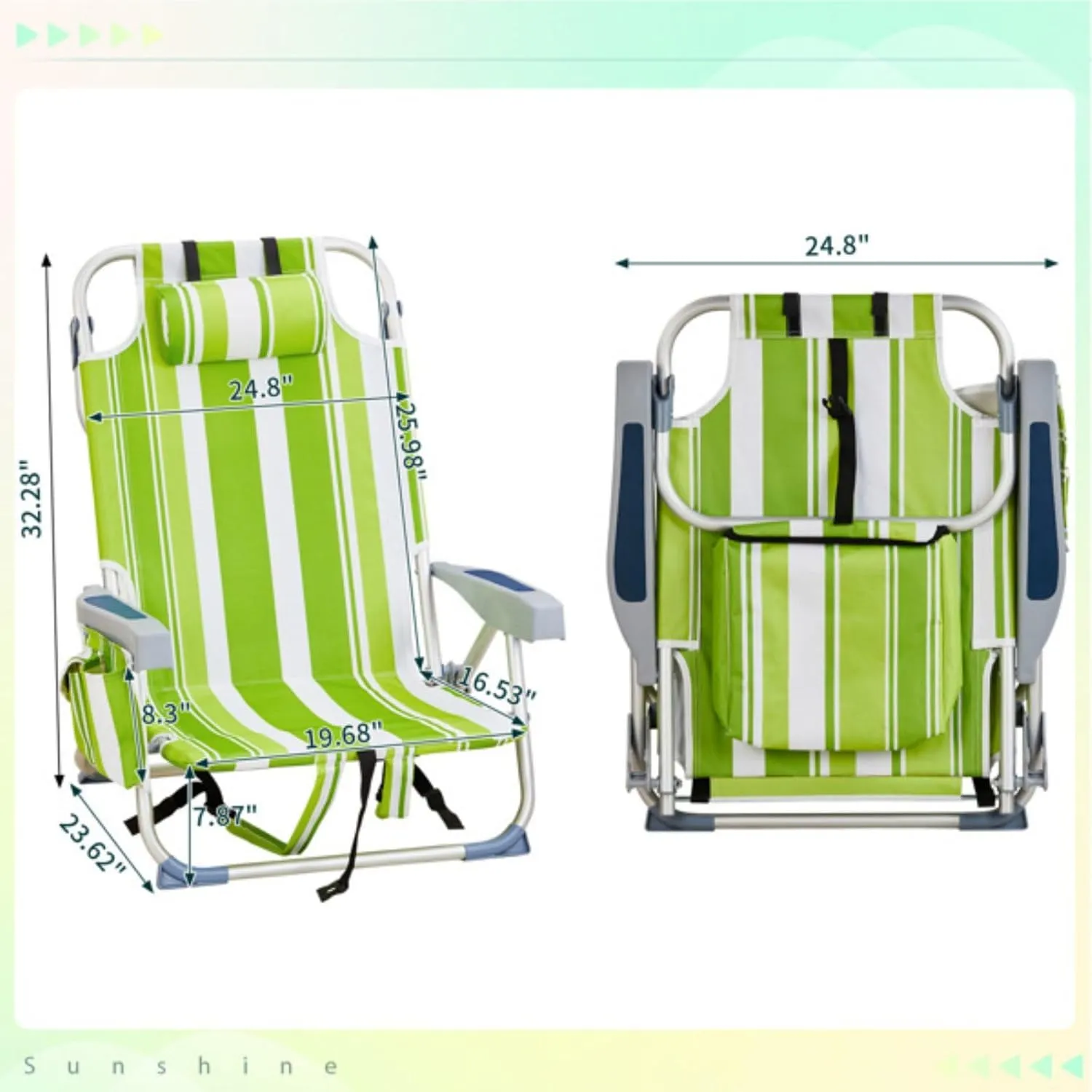 Backpack Beach Chair for Adults, 5-Position Portable Outdoor Reclining Camping Chair, Lightweight Folding Chairs with Headrest, Cup Holders, Cooler Bag, Towel Bar, Shoulder Strap (Green Stripe)