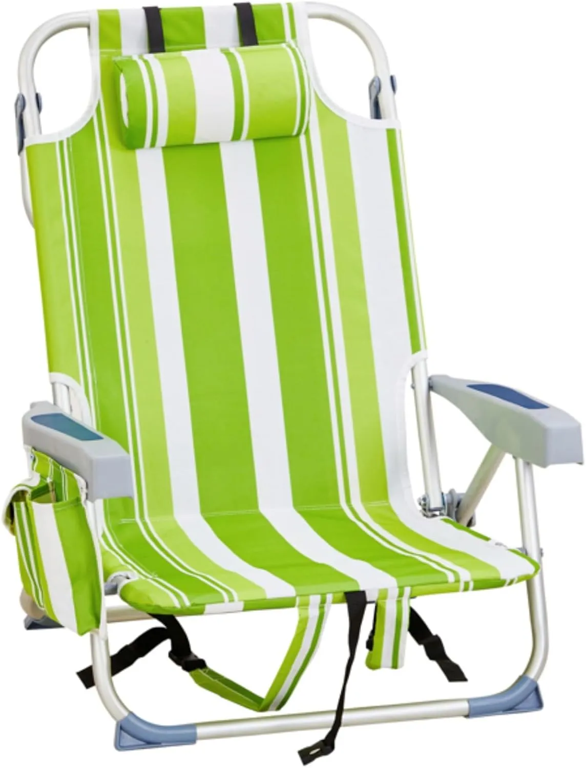 Backpack Beach Chair for Adults, 5-Position Portable Outdoor Reclining Camping Chair, Lightweight Folding Chairs with Headrest, Cup Holders, Cooler Bag, Towel Bar, Shoulder Strap (Green Stripe)