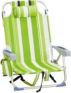 Backpack Beach Chair for Adults, 5-Position Portable Outdoor Reclining Camping Chair, Lightweight Folding Chairs with Headrest, Cup Holders, Cooler Bag, Towel Bar, Shoulder Strap (Green Stripe)