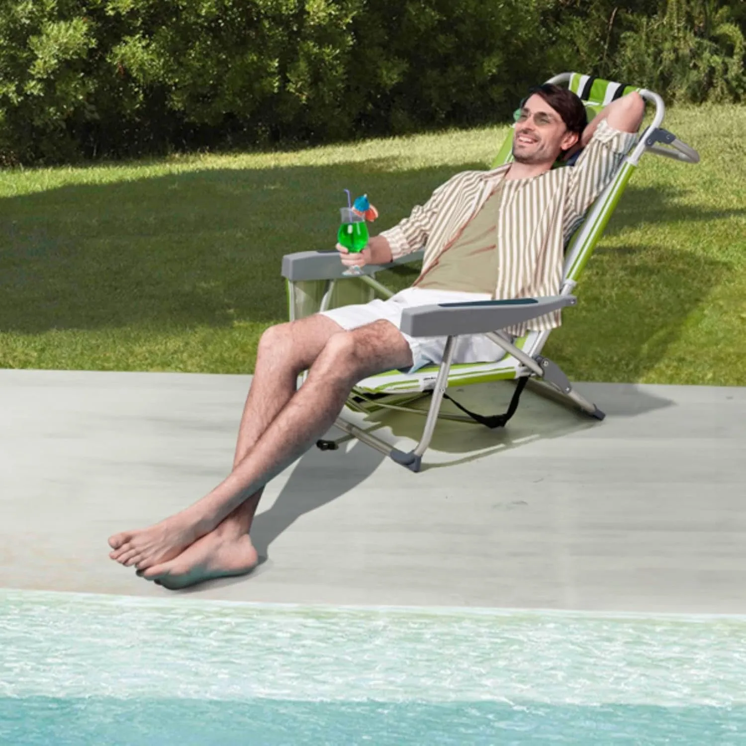 Backpack Beach Chair for Adults, 5-Position Portable Outdoor Reclining Camping Chair, Lightweight Folding Chairs with Headrest, Cup Holders, Cooler Bag, Towel Bar, Shoulder Strap (Green Stripe)