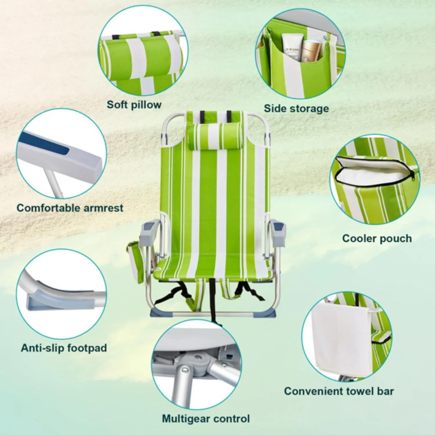 Backpack Beach Chair for Adults, 5-Position Portable Outdoor Reclining Camping Chair, Lightweight Folding Chairs with Headrest, Cup Holders, Cooler Bag, Towel Bar, Shoulder Strap (Green Stripe)