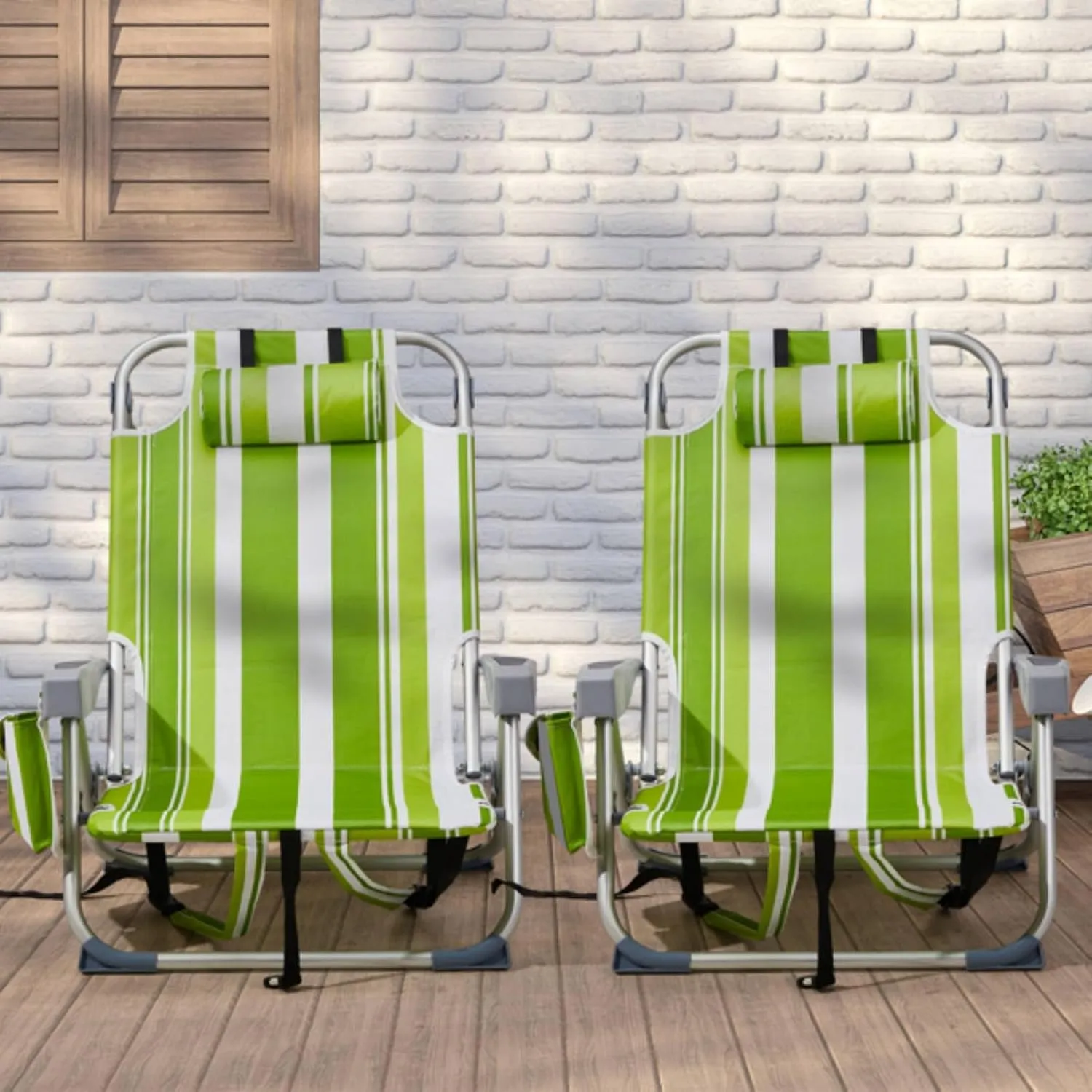 Backpack Beach Chair for Adults, 5-Position Portable Outdoor Reclining Camping Chair, Lightweight Folding Chairs with Headrest, Cup Holders, Cooler Bag, Towel Bar, Shoulder Strap (Green Stripe)
