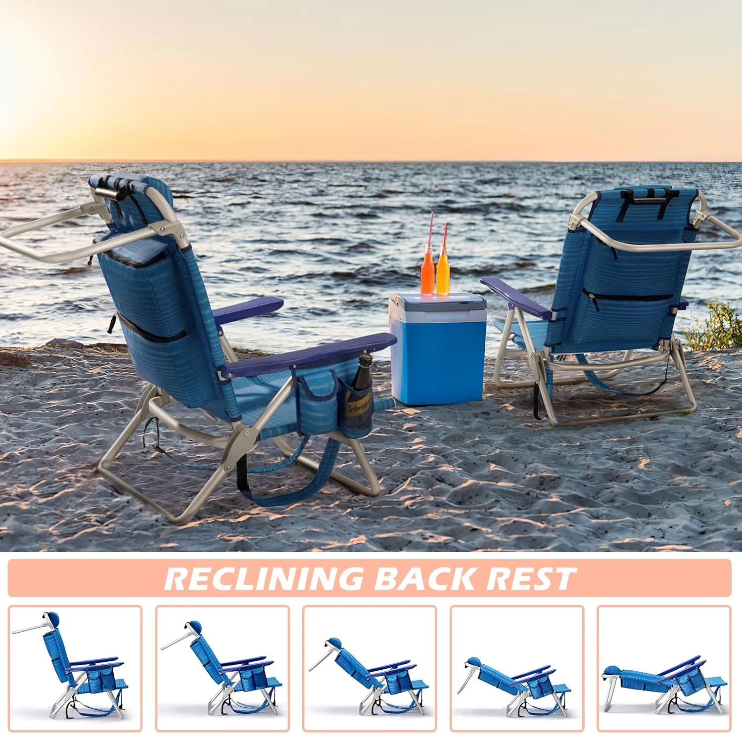 Backpack Beach Chairs for Adults - Folding Heavy Duty Camping Chair with Storage Pouch, Cup Holder & Towel Rack, Lightweight & Adjustable Lounge Chair for Outdoor,Travel (1pack / Blue)