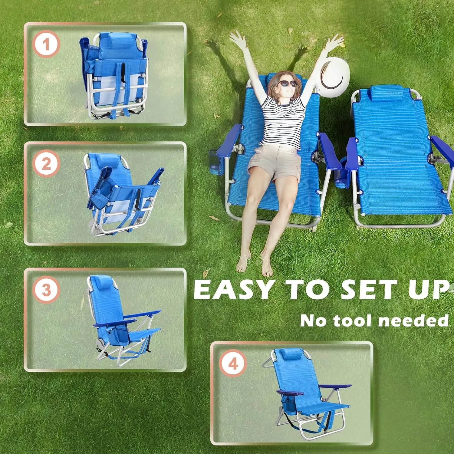 Backpack Beach Chairs for Adults - Folding Heavy Duty Camping Chair with Storage Pouch, Cup Holder & Towel Rack, Lightweight & Adjustable Lounge Chair for Outdoor,Travel (1pack / Blue)