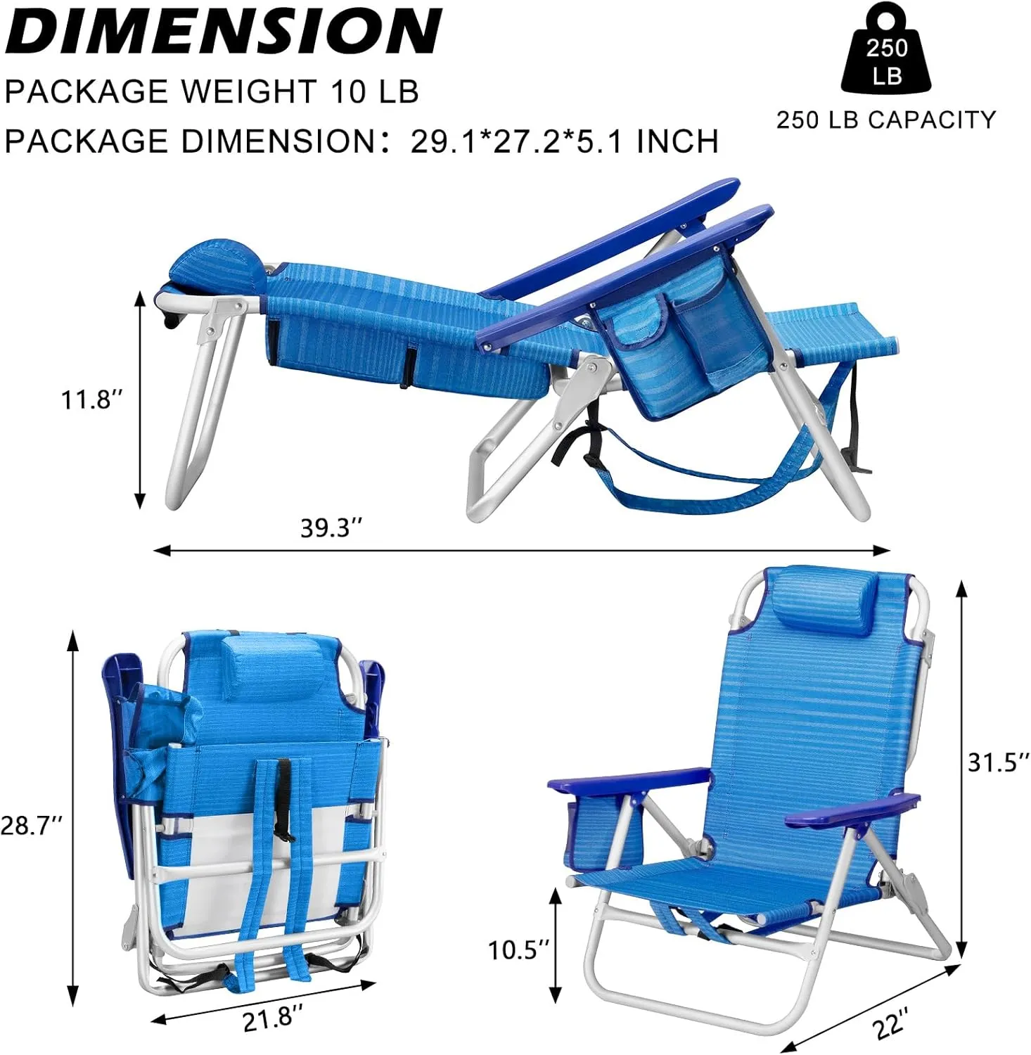 Backpack Beach Chairs for Adults - Folding Heavy Duty Camping Chair with Storage Pouch, Cup Holder & Towel Rack, Lightweight & Adjustable Lounge Chair for Outdoor,Travel (1pack / Blue)