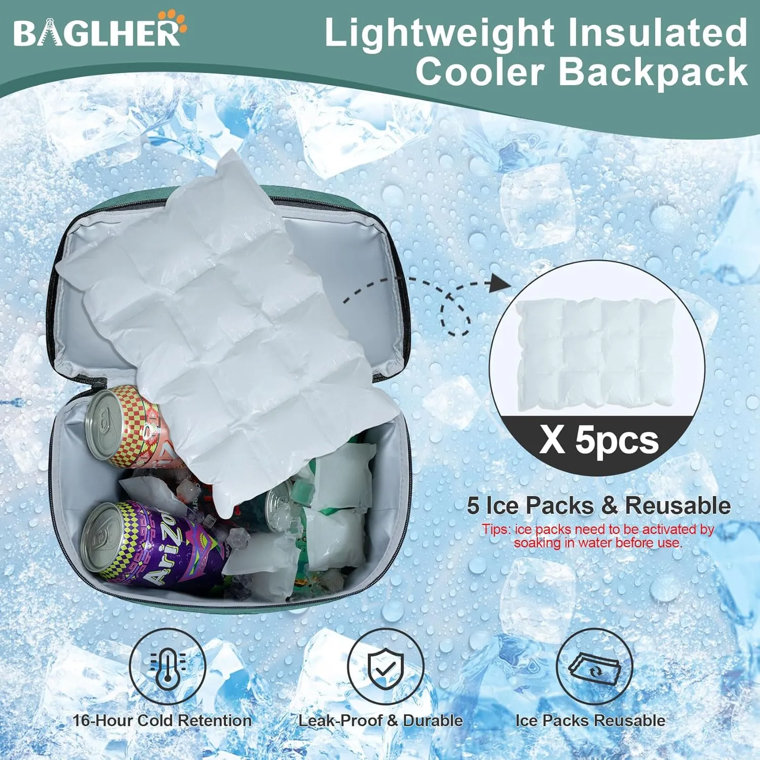 BAGLHER Lightweight Insulated Cooler Backpack - 30 Cans, Leak-Proof for Lunch, Picnic, Hiking, Camping Trips