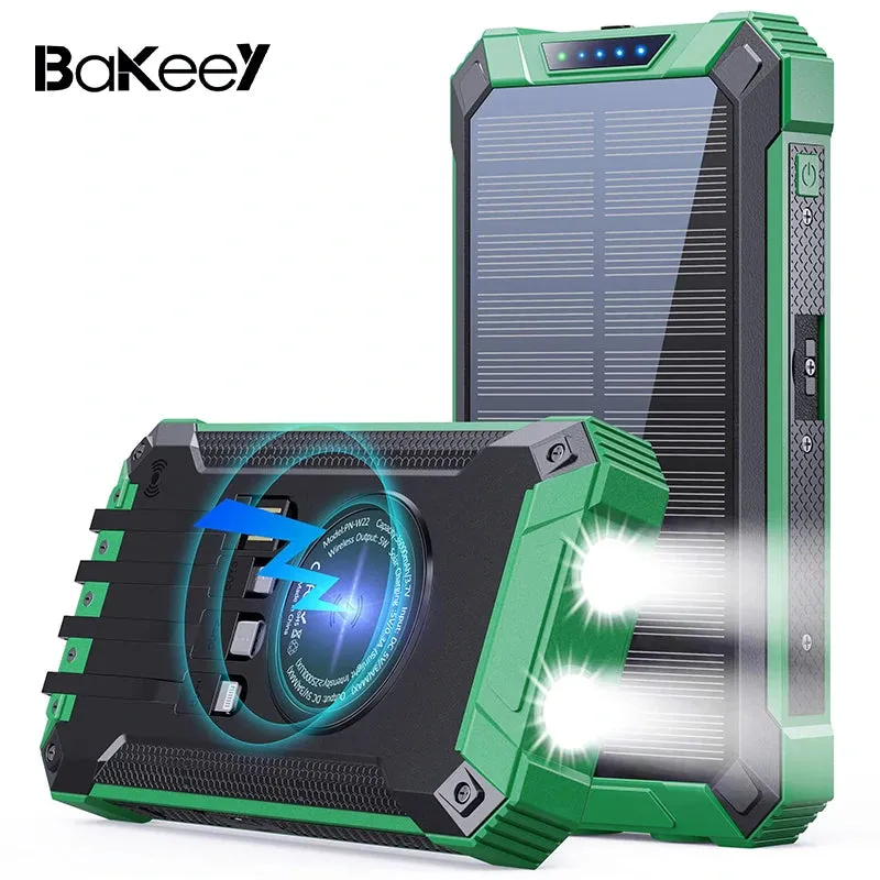 Bakeey 15W 36000Mah Solar Powered Power Bank Wireless Charger Built in 4 Cables External Battery Power Supply with 4 Inputs & 6 Outputs Fast Charging Solar Portable Charger with Dual Flashlights for Iphone Android Camping Fishing