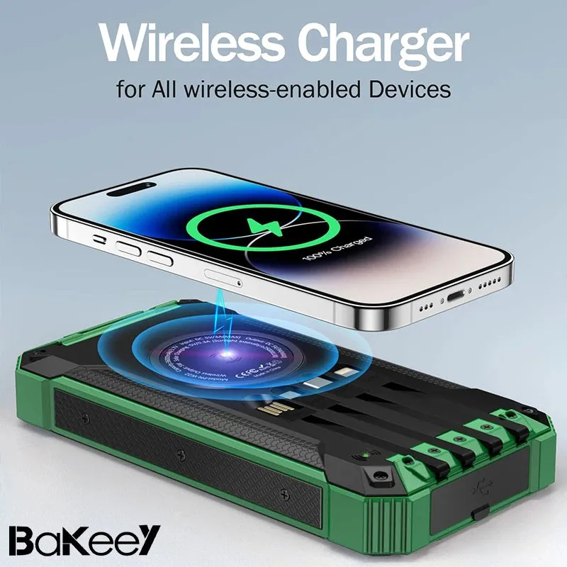 Bakeey 15W 36000Mah Solar Powered Power Bank Wireless Charger Built in 4 Cables External Battery Power Supply with 4 Inputs & 6 Outputs Fast Charging Solar Portable Charger with Dual Flashlights for Iphone Android Camping Fishing