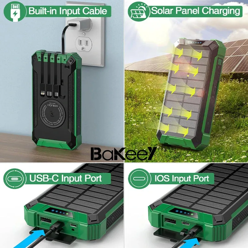 Bakeey 15W 36000Mah Solar Powered Power Bank Wireless Charger Built in 4 Cables External Battery Power Supply with 4 Inputs & 6 Outputs Fast Charging Solar Portable Charger with Dual Flashlights for Iphone Android Camping Fishing