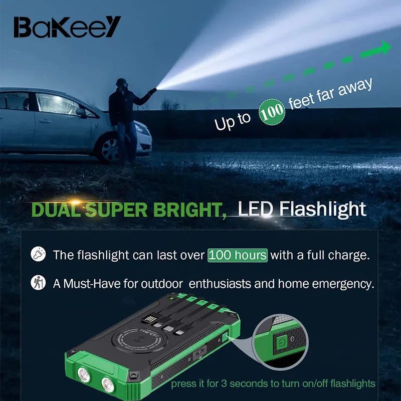 Bakeey 15W 36000Mah Solar Powered Power Bank Wireless Charger Built in 4 Cables External Battery Power Supply with 4 Inputs & 6 Outputs Fast Charging Solar Portable Charger with Dual Flashlights for Iphone Android Camping Fishing