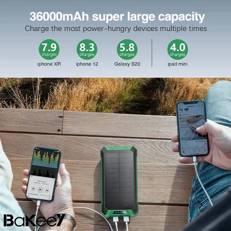 Bakeey 15W 36000Mah Solar Powered Power Bank Wireless Charger Built in 4 Cables External Battery Power Supply with 4 Inputs & 6 Outputs Fast Charging Solar Portable Charger with Dual Flashlights for Iphone Android Camping Fishing