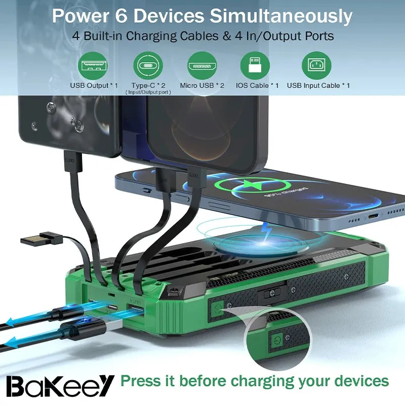 Bakeey 15W 36000Mah Solar Powered Power Bank Wireless Charger Built in 4 Cables External Battery Power Supply with 4 Inputs & 6 Outputs Fast Charging Solar Portable Charger with Dual Flashlights for Iphone Android Camping Fishing