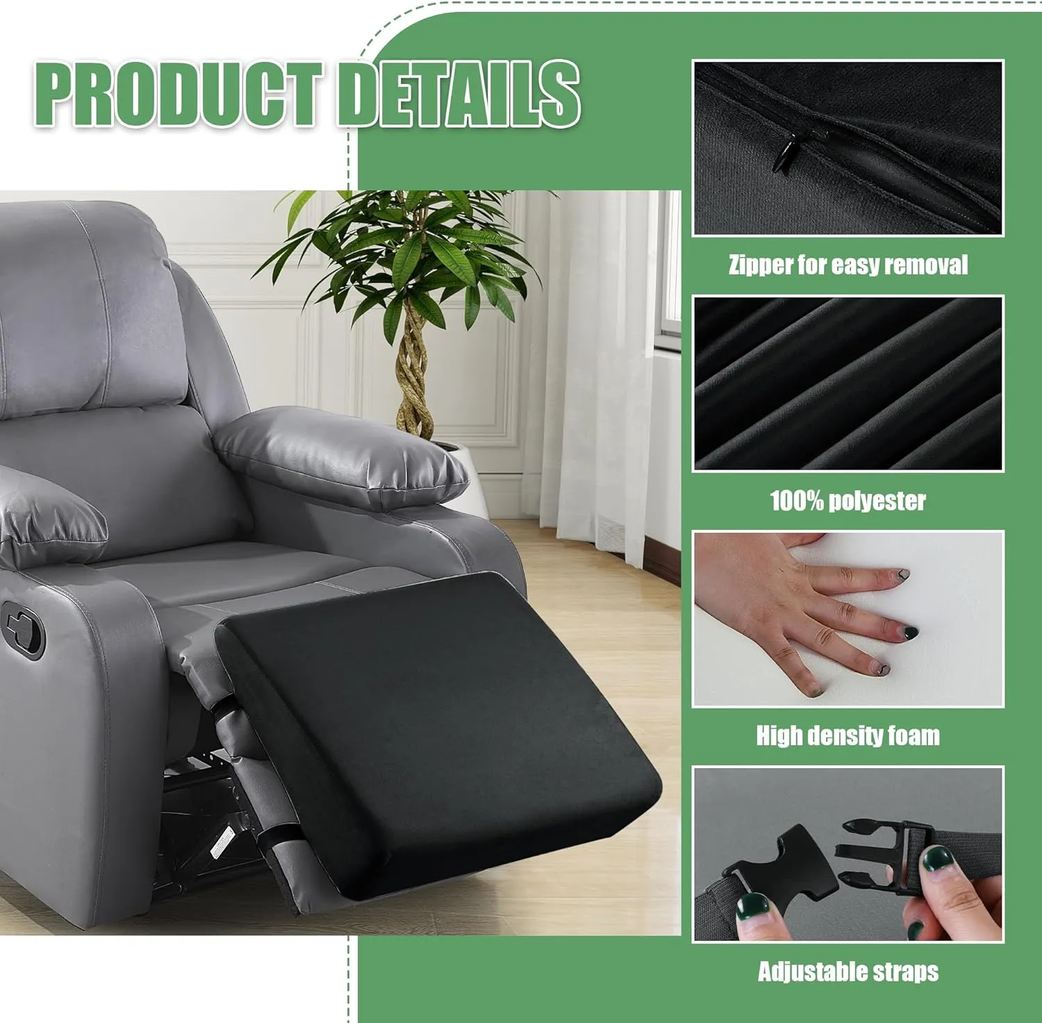 BALAPET Large Recliner Leg Pillow, Memory Foam Recliner Cushion Wedge Shape Recliner Footrest Extender,Leg、Back and Lumbar Support Pillow with Adjustable Elastic Straps(Black)