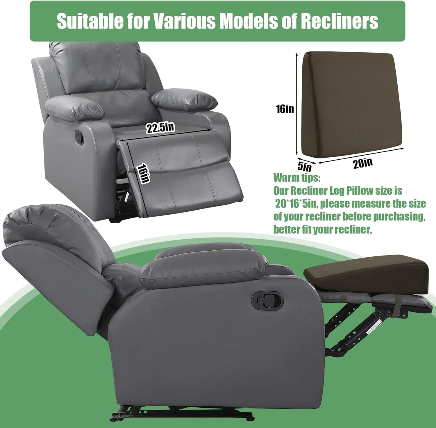 BALAPET Large Recliner Leg Pillow, Memory Foam Recliner Cushion Wedge Shape Recliner Footrest Extender,Leg、Back and Lumbar Support Pillow with Adjustable Elastic Straps(Coffee)