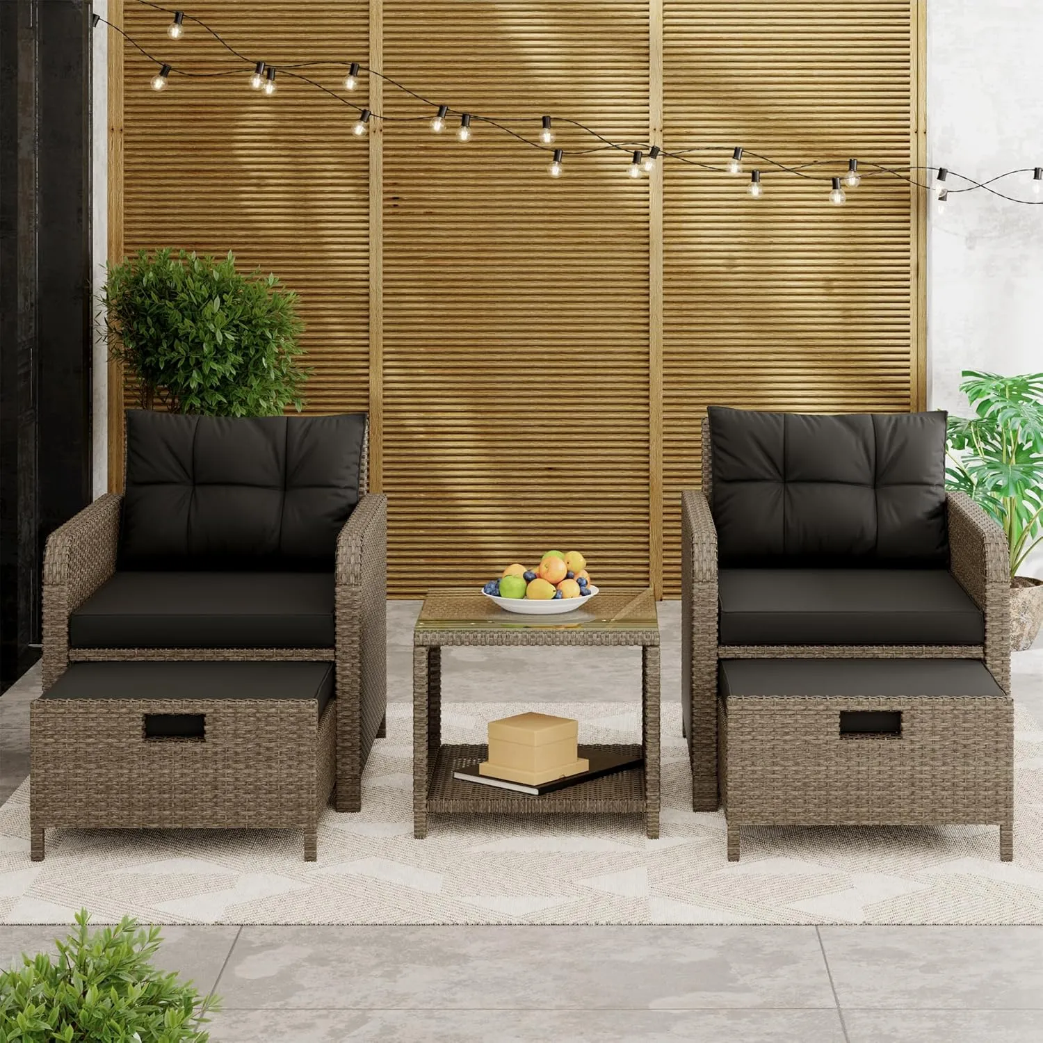 Balcony Furniture 5 Piece Patio Conversation Set, PE Wicker Rattan Outdoor Lounge Chairs with Soft Cushions 2 Ottoman&Glass Table for Porch, Lawn