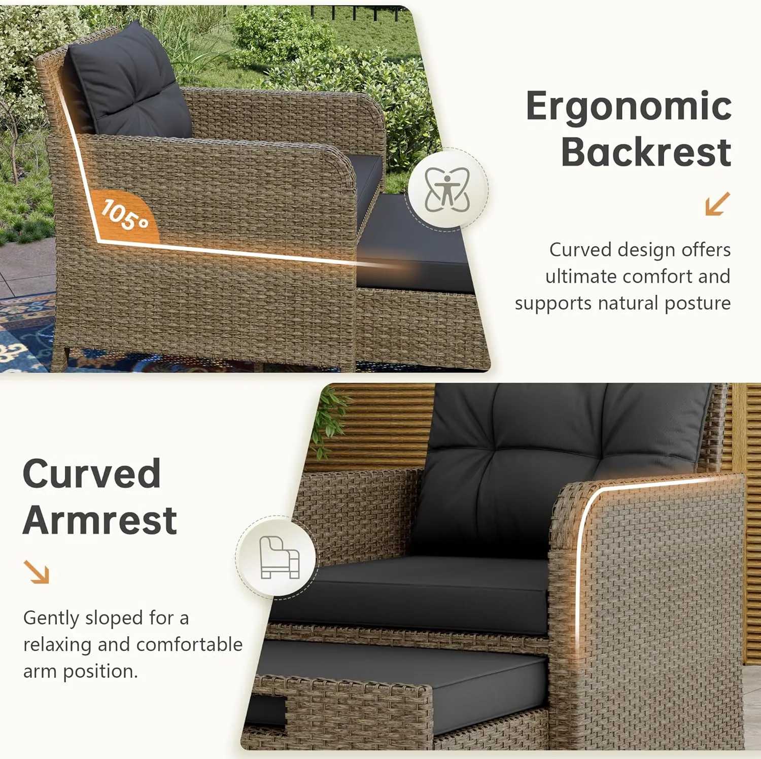 Balcony Furniture 5 Piece Patio Conversation Set, PE Wicker Rattan Outdoor Lounge Chairs with Soft Cushions 2 Ottoman&Glass Table for Porch, Lawn