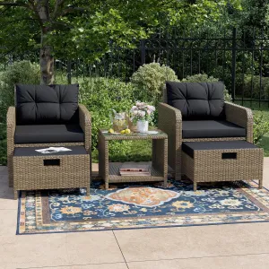 Balcony Furniture 5 Piece Patio Conversation Set, PE Wicker Rattan Outdoor Lounge Chairs with Soft Cushions 2 Ottoman&Glass Table for Porch, Lawn