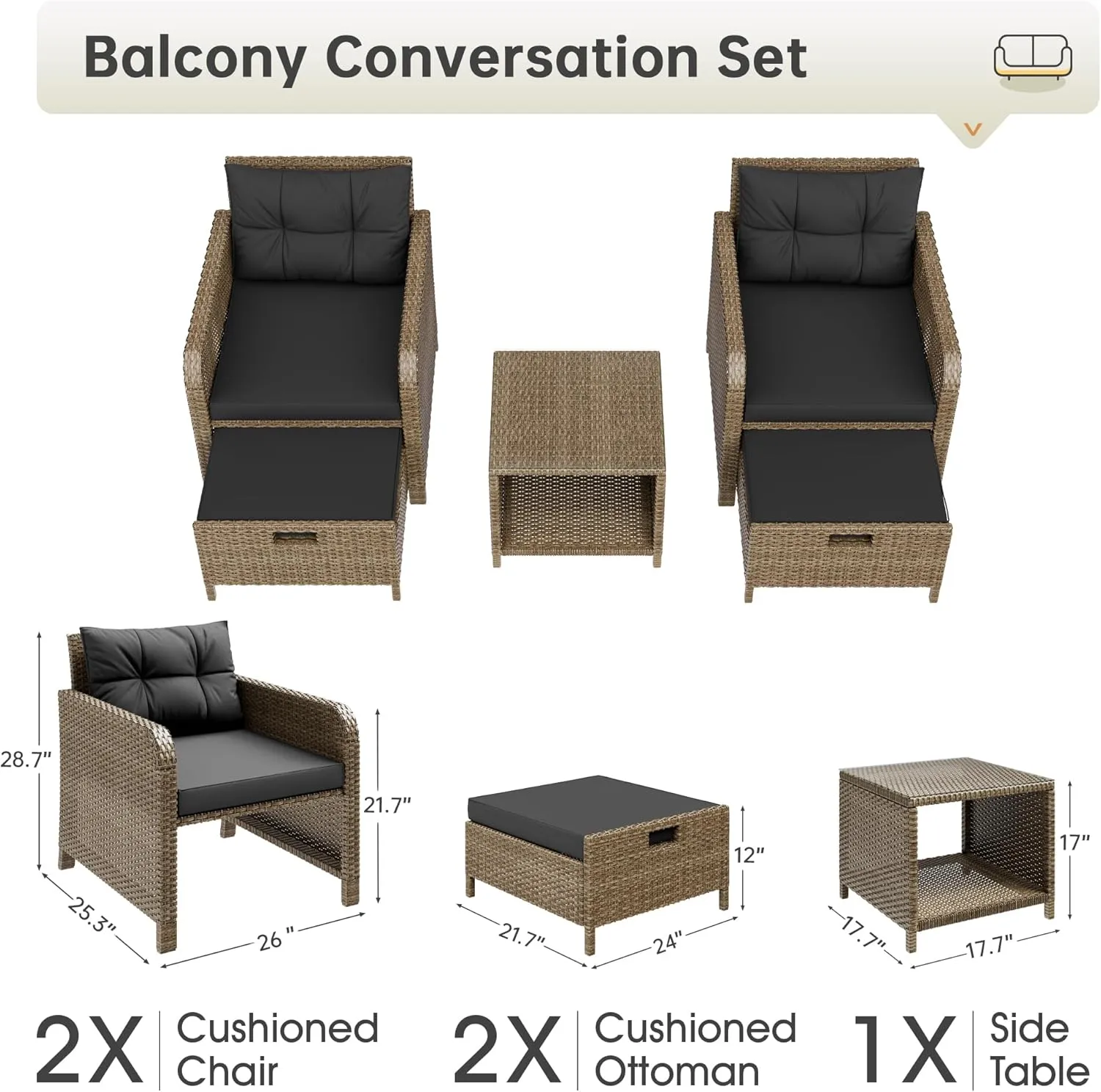 Balcony Furniture 5 Piece Patio Conversation Set, PE Wicker Rattan Outdoor Lounge Chairs with Soft Cushions 2 Ottoman&Glass Table for Porch, Lawn