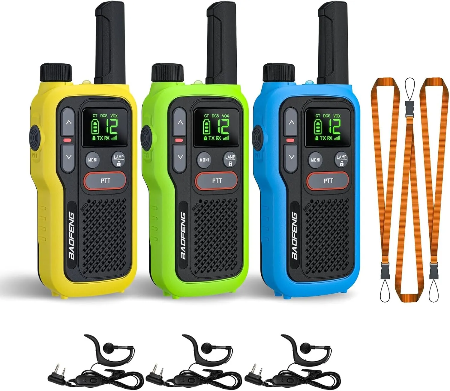 BAOFENG GT-18 Walkie Talkies for Kids Adult, License Free Long Range Rechargeable FRS Two Way Radio,1500mAh Battery, 22 Channels with NOAA, Scan for Camping Hiking Family, 3 Pack (Yellow, Green, Blue)