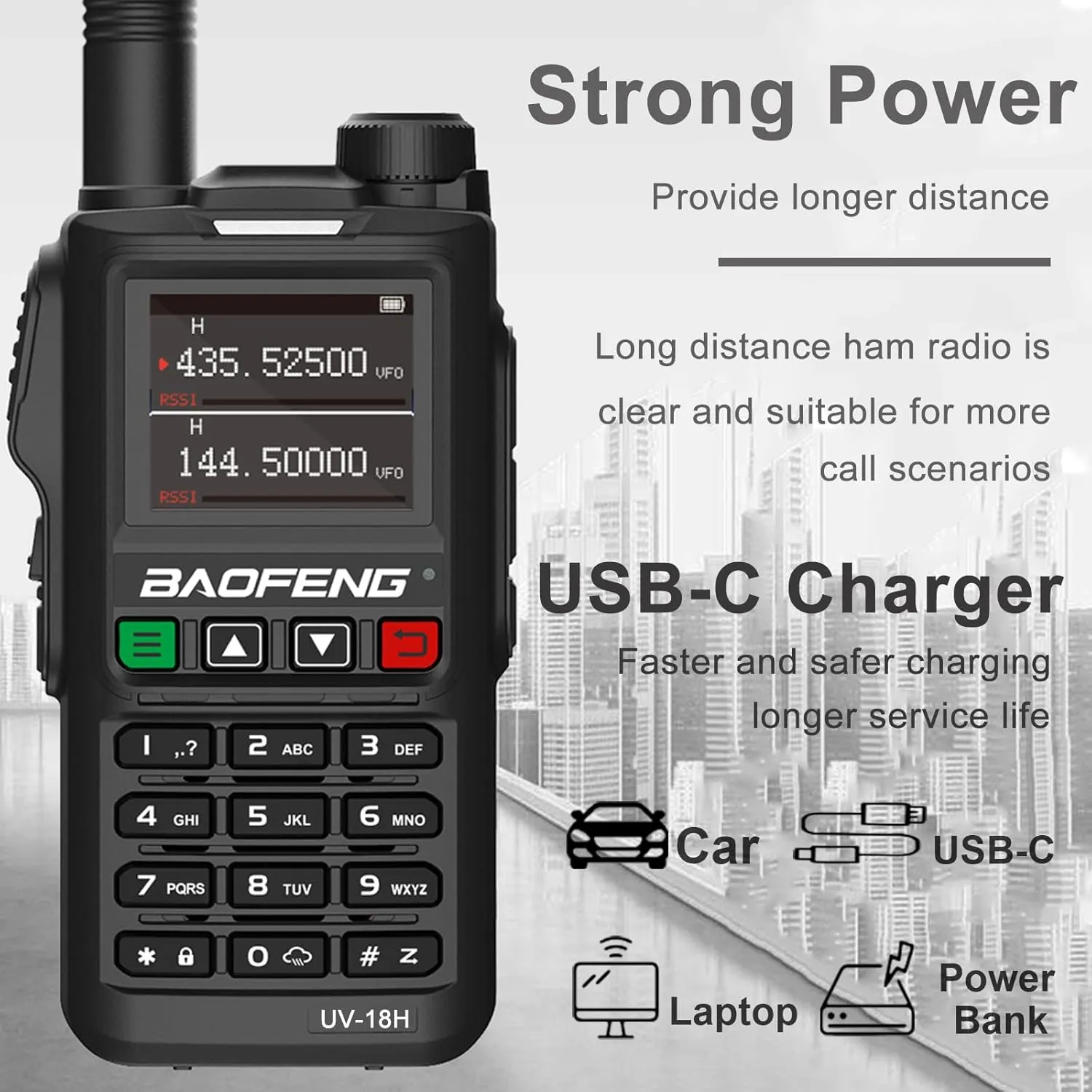 BAOFENG UV-18H 6 Band Ham Radio GPS NOAA USB-C Charging Two Way Radio Long Range 5W Max Wireless Copy Frequency Walkie Talkie 1.77in LCD Screen with Headset 771 Antenna