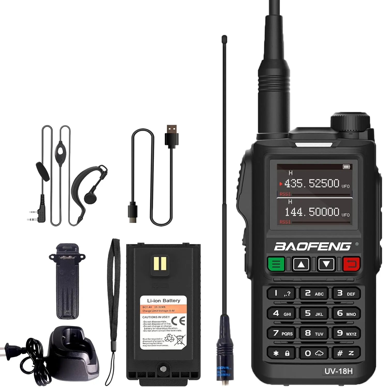 BAOFENG UV-18H 6 Band Ham Radio GPS NOAA USB-C Charging Two Way Radio Long Range 5W Max Wireless Copy Frequency Walkie Talkie 1.77in LCD Screen with Headset 771 Antenna