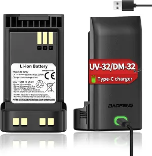 BAOFENG UV-32 Radio Battery 2500mAh USB-C Charging Rechargeable Battery Compatible with UV-32 DM-32 Walkie Talkie High Capacity with Type-C Charging Cable,1Pack