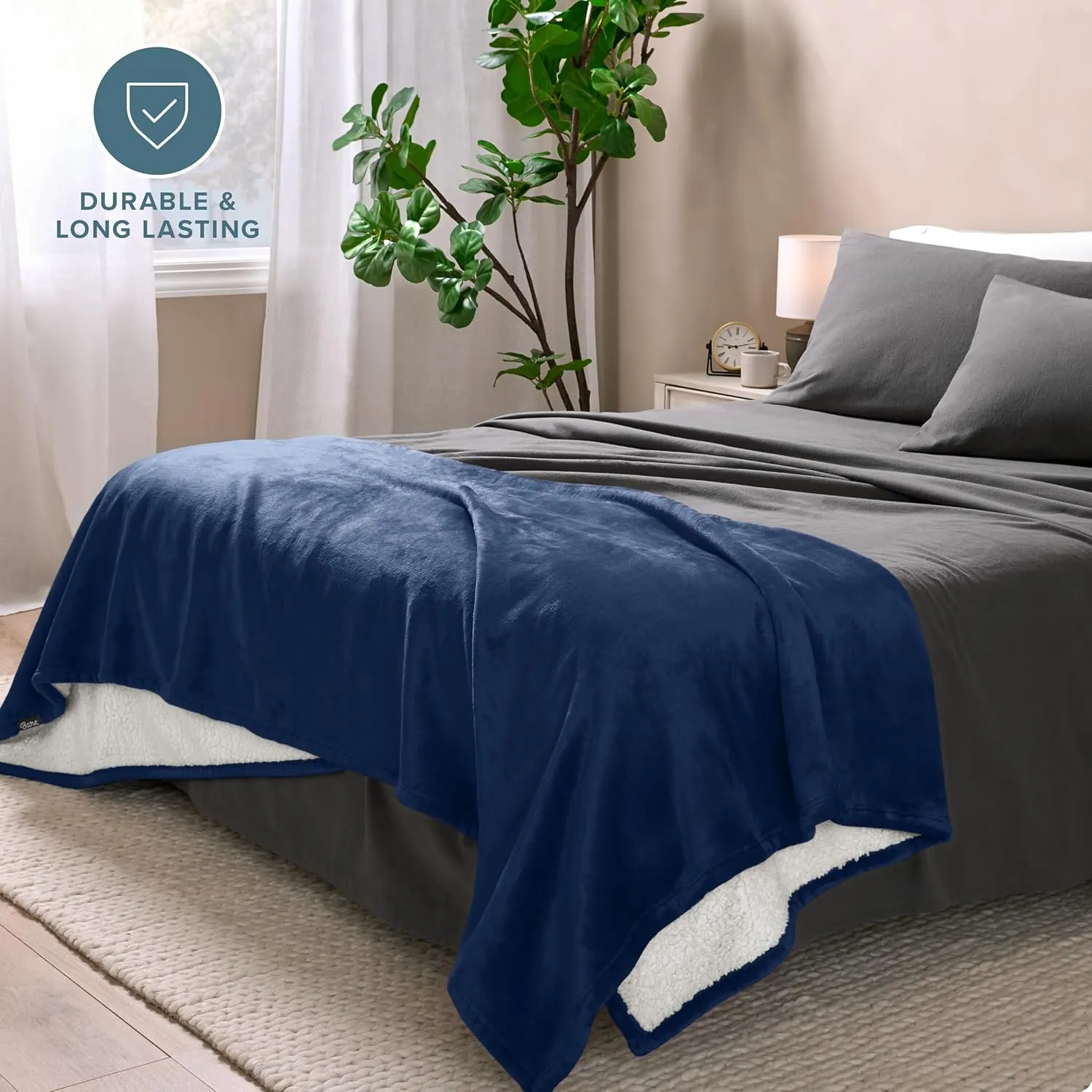Bare Home Sherpa Fleece Blanket - Twin/Twin Extra Long - Blanket for Bed, Sofa, Couch, Camping, Travel, and Gifts - Warm & Lightweight - Fluffy & Soft Plush - Reversible (Twin/Twin XL, Dark Blue)