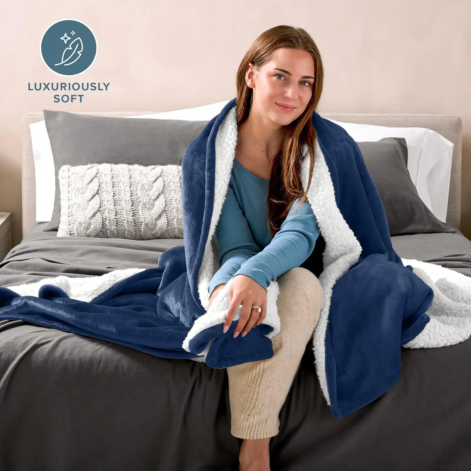 Bare Home Sherpa Fleece Blanket - Twin/Twin Extra Long - Blanket for Bed, Sofa, Couch, Camping, Travel, and Gifts - Warm & Lightweight - Fluffy & Soft Plush - Reversible (Twin/Twin XL, Dark Blue)
